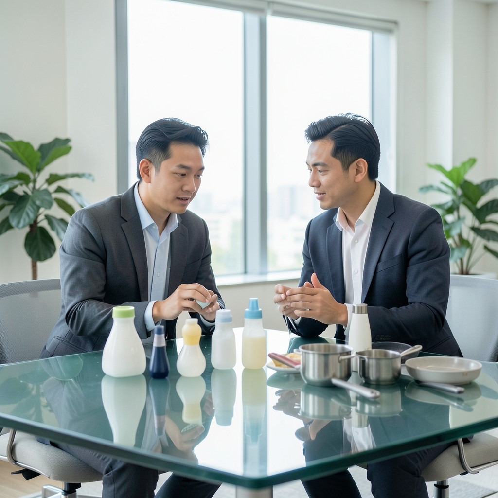 Two colleagues discussing household product samples in a bright Hanoi office