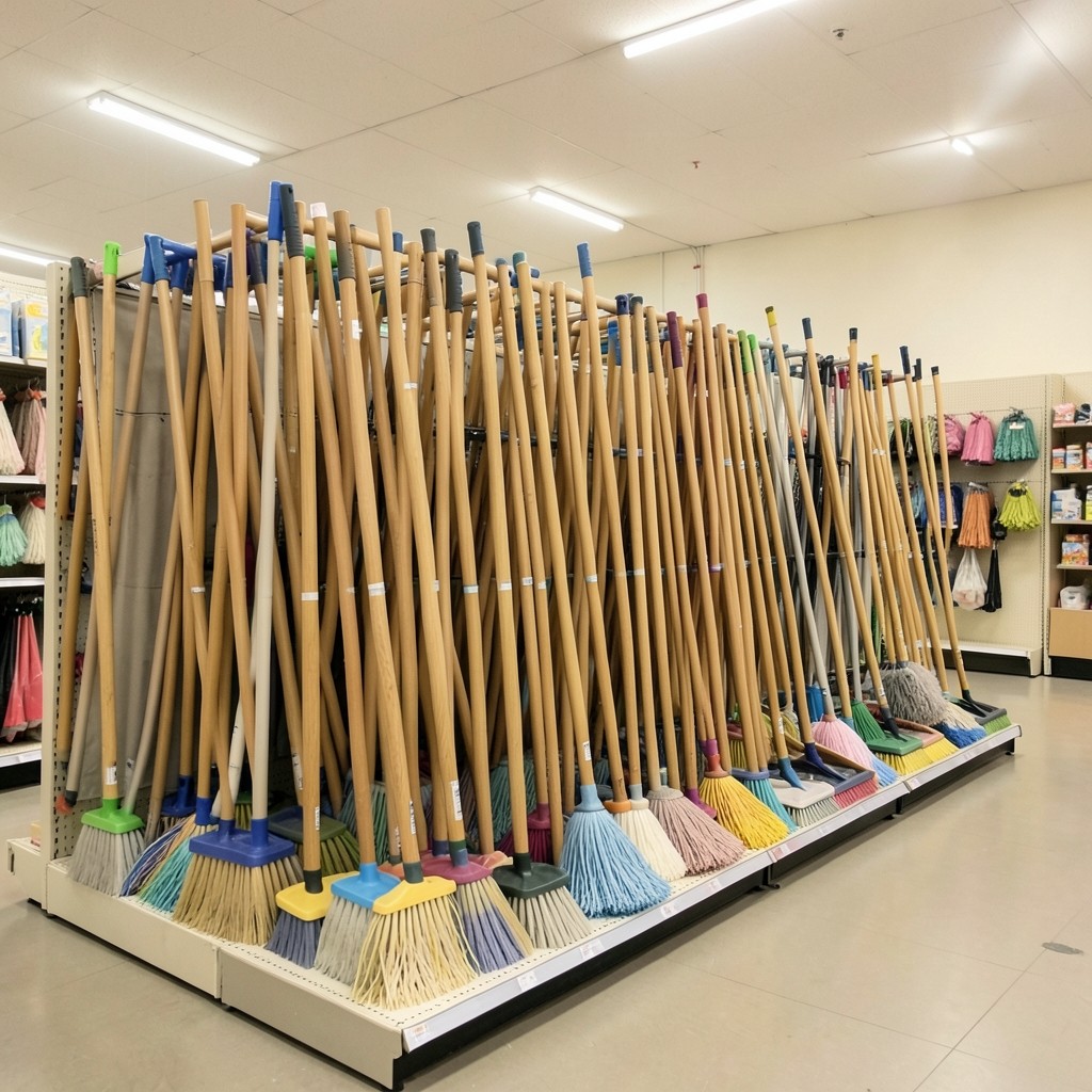 Mops, brooms, and cleaning tool handles displayed in a store aisle