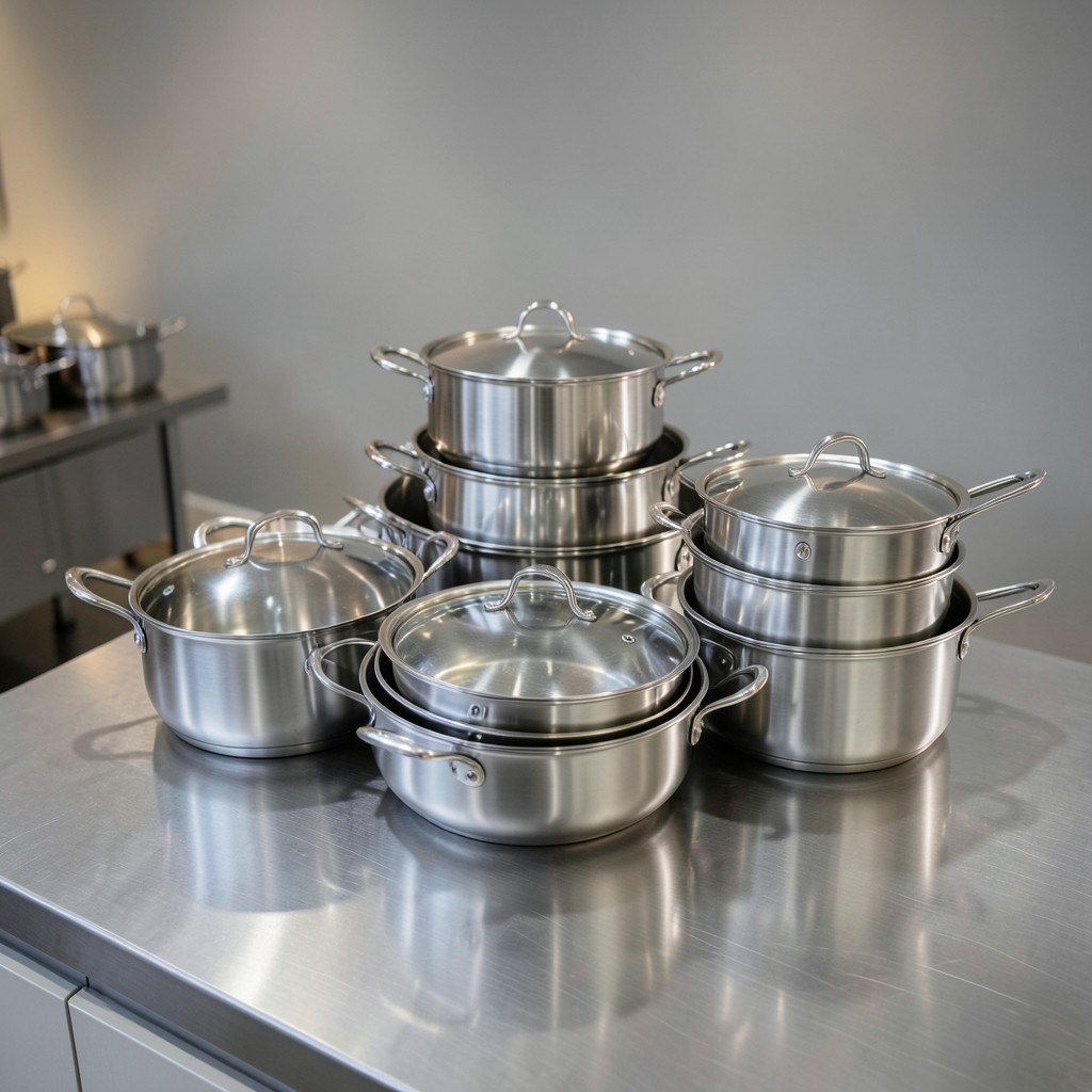 Stainless steel pots and pans stacked in a wholesale showroom