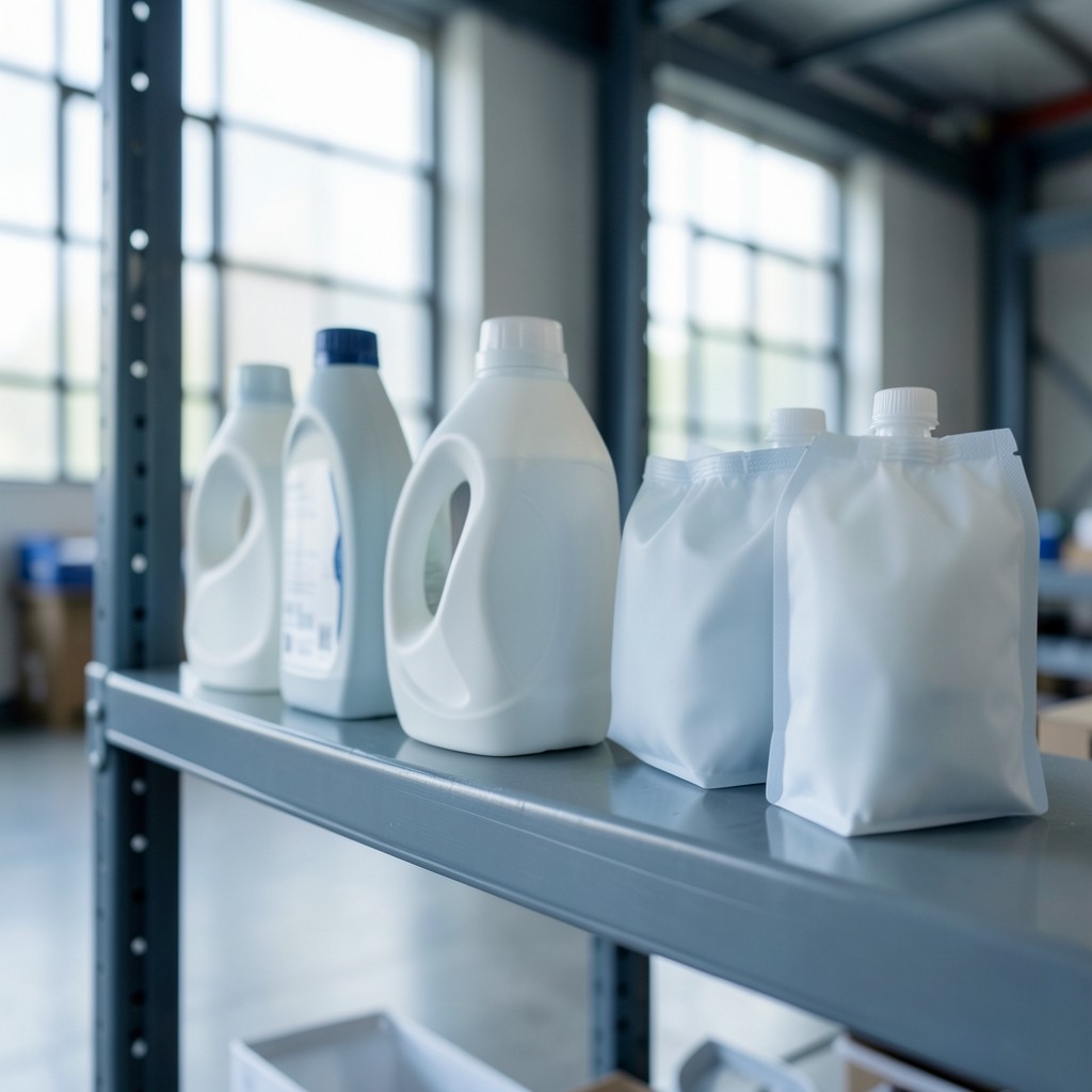 Assorted detergent bottles and refill pouches on a warehouse shelf