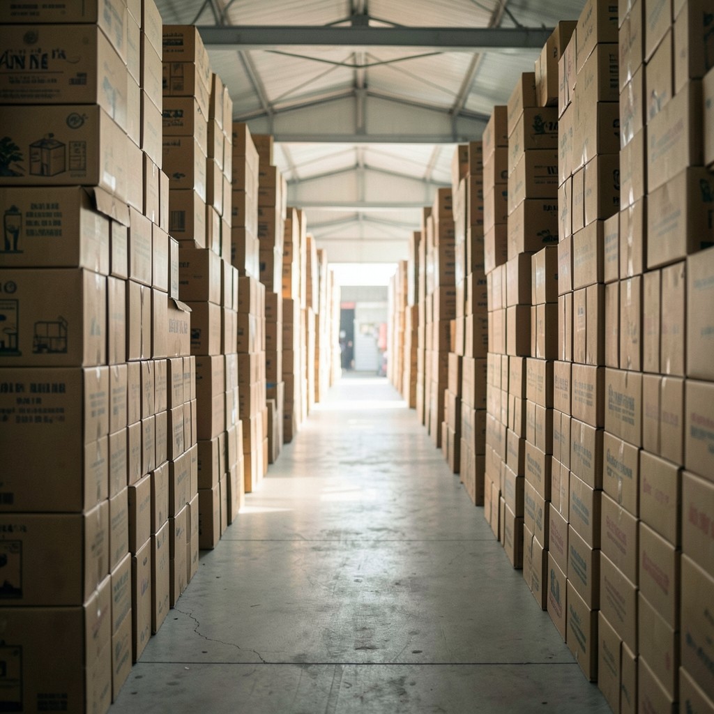 Open wholesale market aisle with stacked household goods cartons