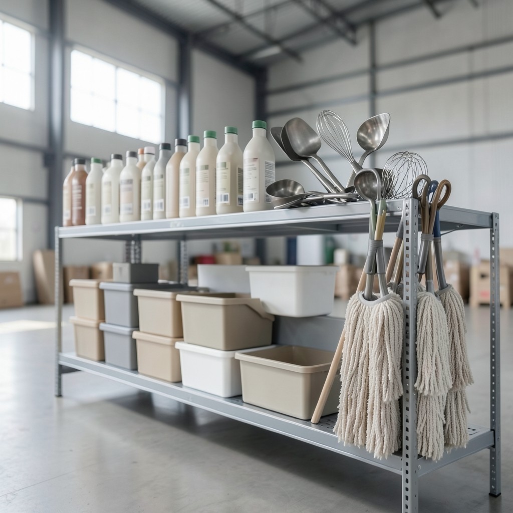 Assorted household goods including cleaners, utensils, and storage items on warehouse shelving