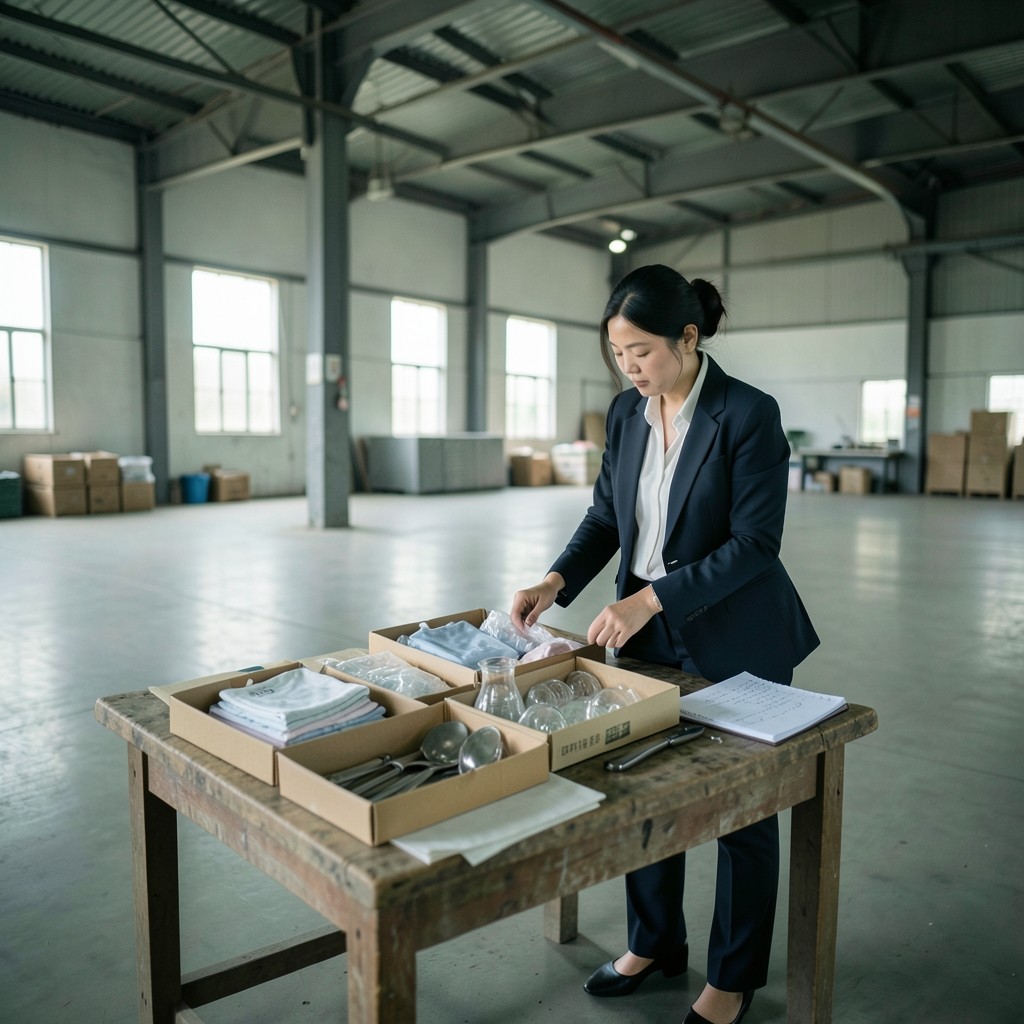 Analyst reviewing household product cartons beside handwritten market notes