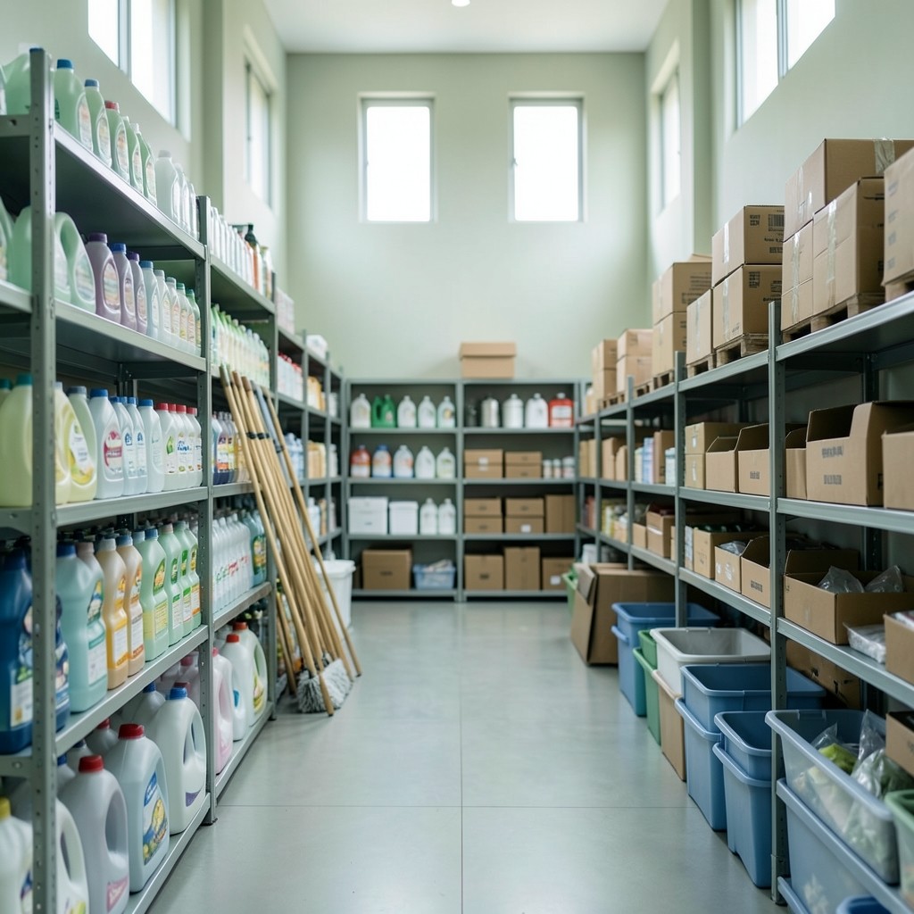 Wholesale storeroom filled with household cleaning and kitchen goods under soft daylight