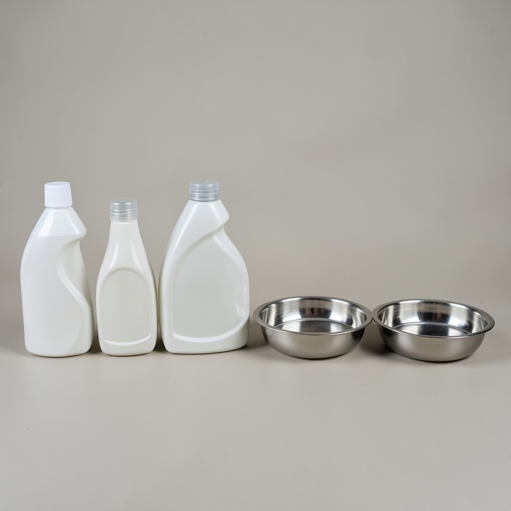 Household cleaning bottles and cookware samples lined up for comparison