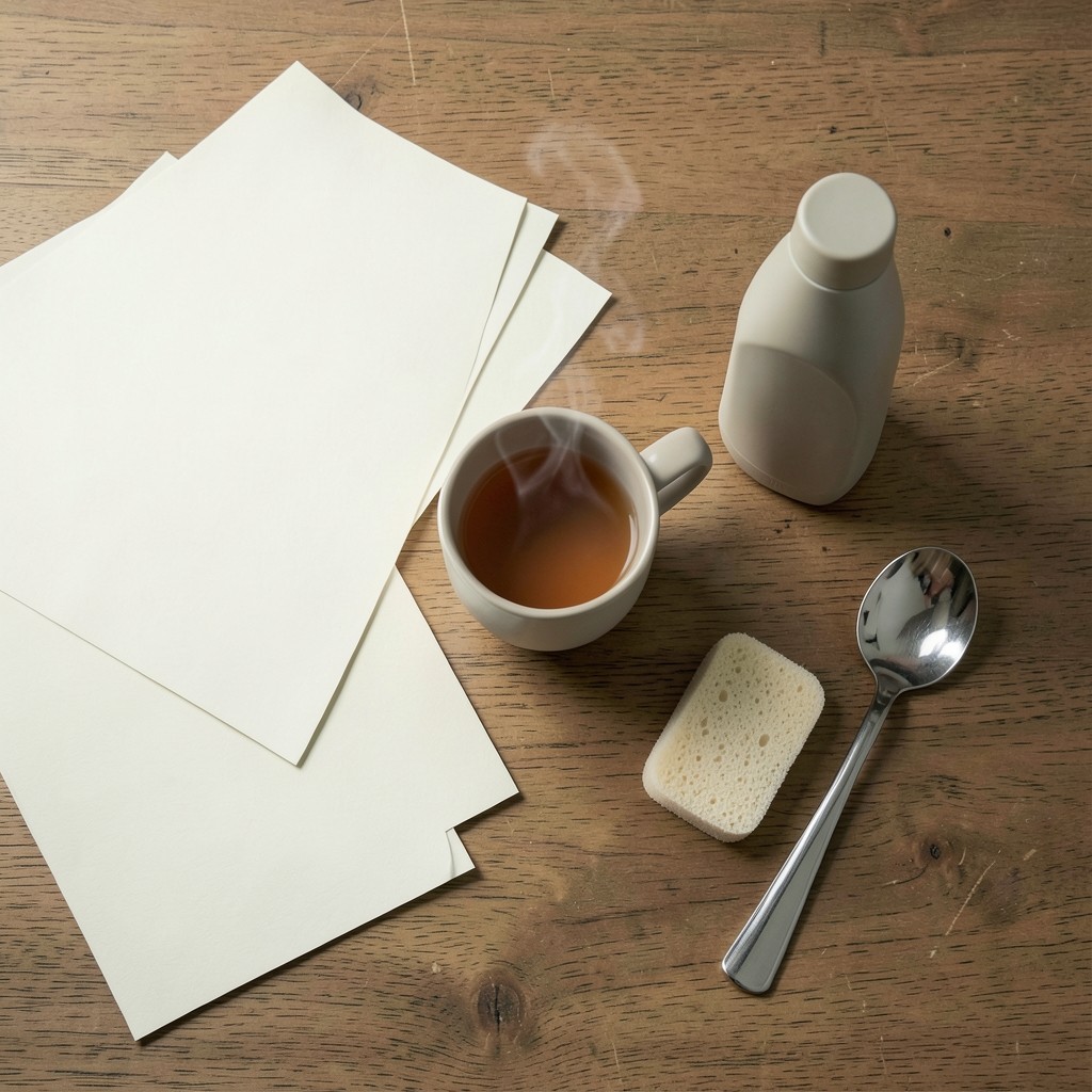 Printed price sheets and household product samples arranged on a wooden desk