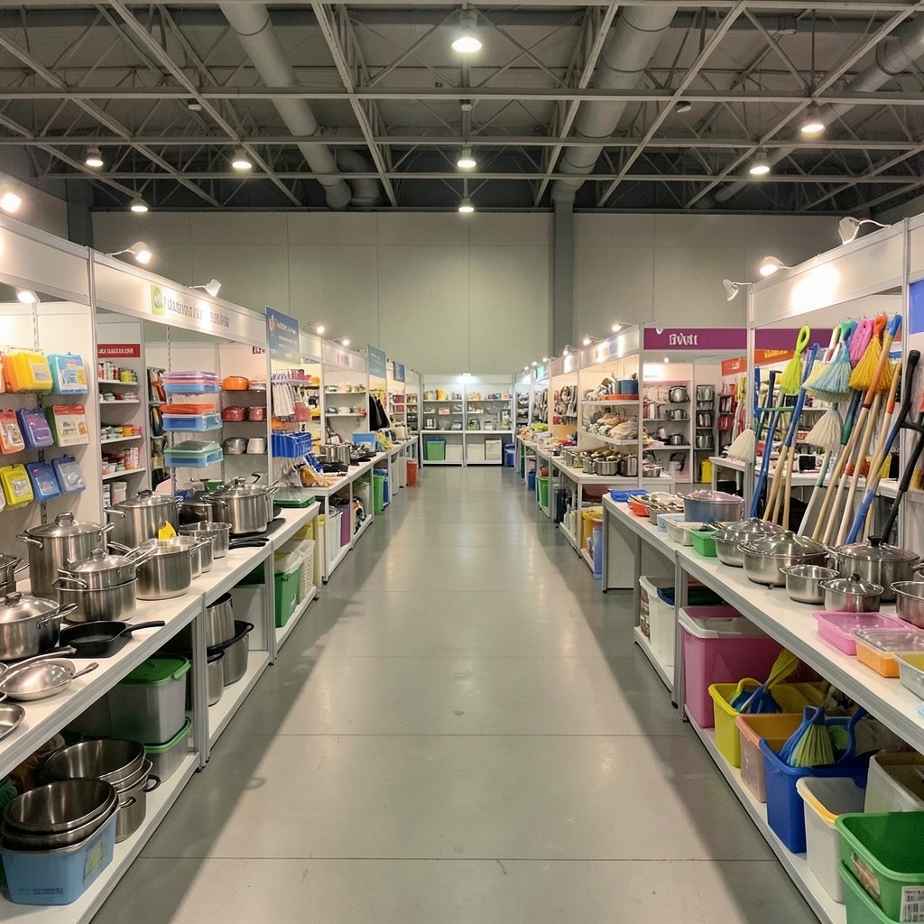 Busy indoor trade hall with household product display booths